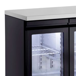 4 sectie koelwerkbank met glasdeuren uitgevoerd in RAL kleur m.u.z. het werkblad